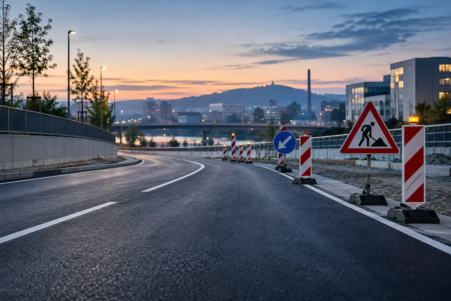 Straße mit dezenter Baustellenabsicherung vor der Linzer Stadtkulisse